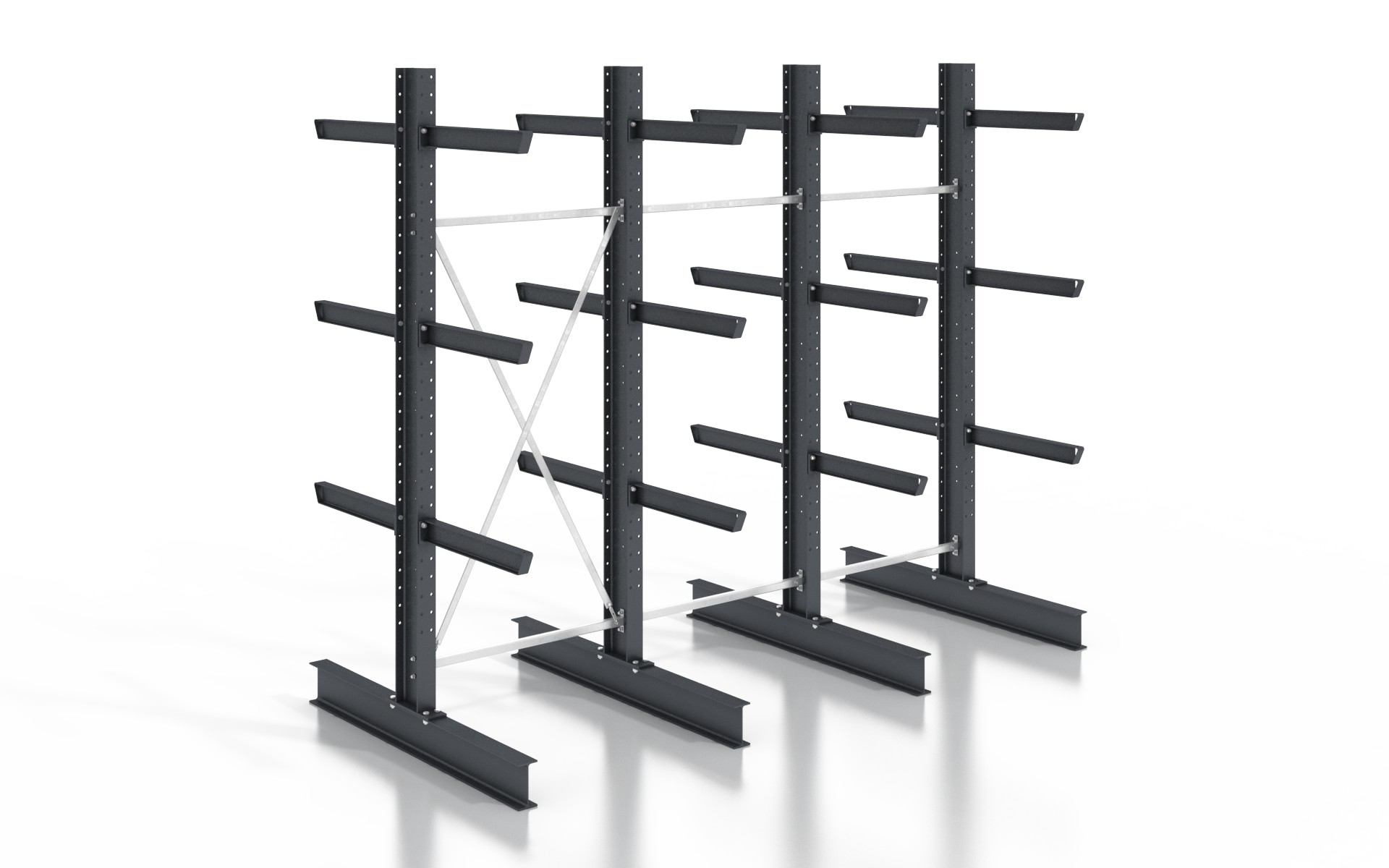 Kragarmregal doppelseitig 3,84 m – 255 cm | 80 cm Nutztiefe | 500 kg pro Arm | BLT